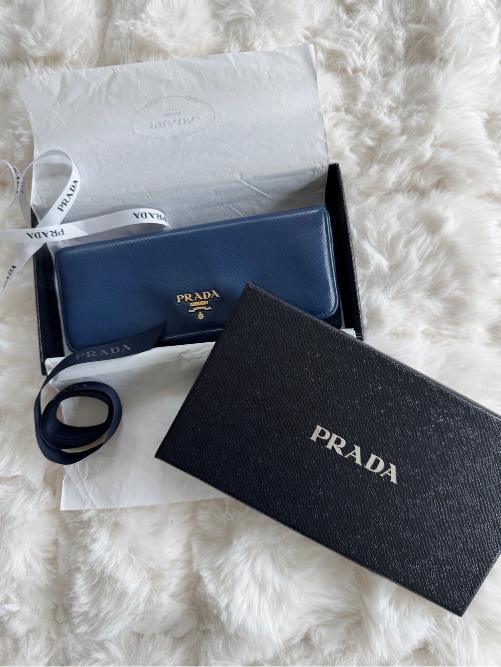 Authentic Prada Blue Saffiano Leather Wallet w/ Box & Ribbons